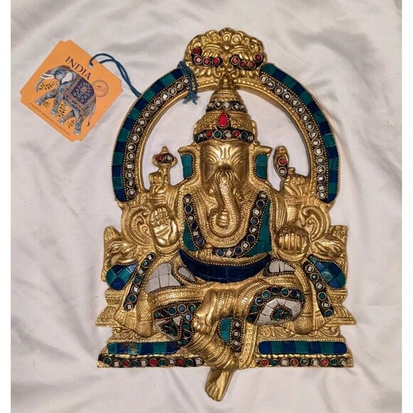 Colorful Brass Ganesh Idol Statue Elephant Murti God Ganesha Vinayak Ganpati - Picture 1 of 9